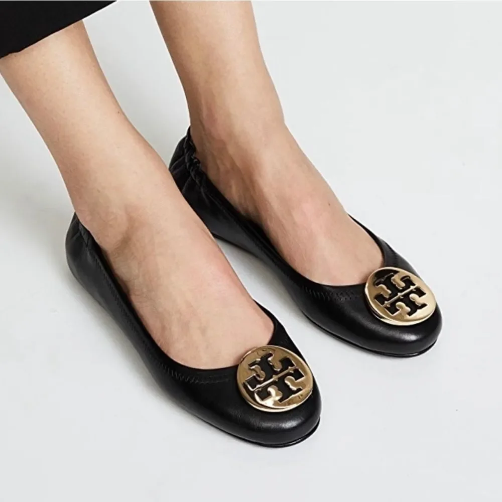 Tory Burch Black Reva Ballet Flat with Gold Emblem, Size 7
